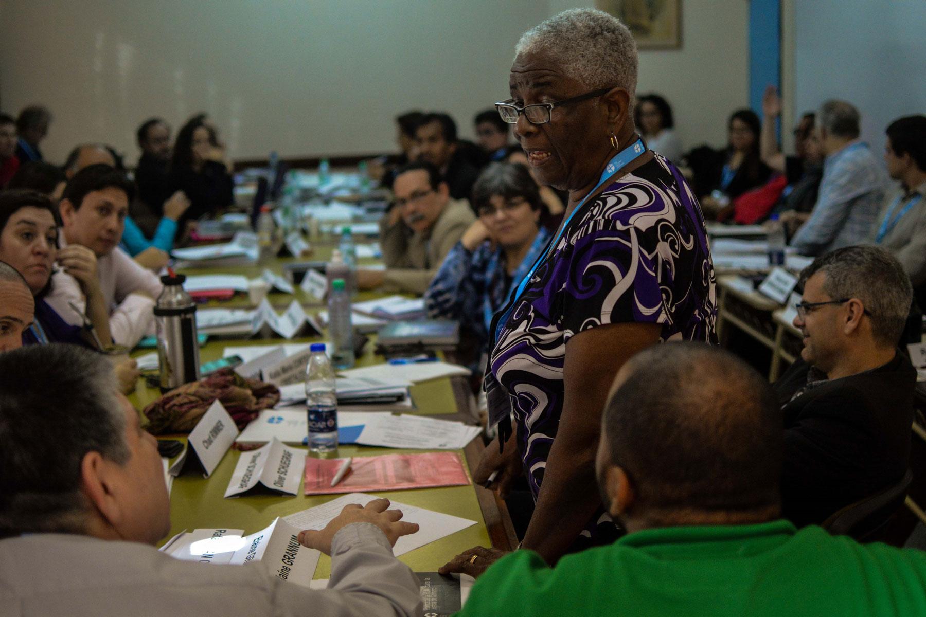Deacon Elaine Grannum from the Evangelical Lutheran Church in Guyana addressing participants on issues of mission in the LAC and North America Leadership Conference 2018.  Photo: LWF/Eugenio Albrecht