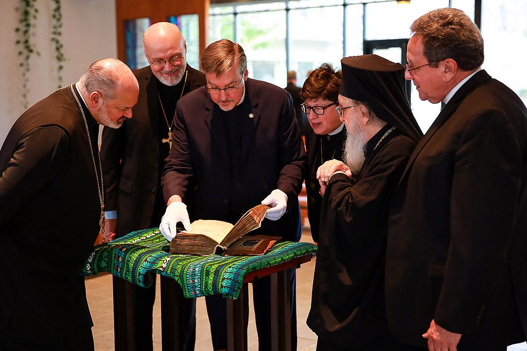 ELCA Presiding Bishop Elizabeth A. Eaton (third from right) said LSTC giving back the New Testament manuscript to the Greek Orthodox Church was âan expression of the essential partnership between theological education and Lutheran-Orthodox relations.â Photo: Will Nunnally