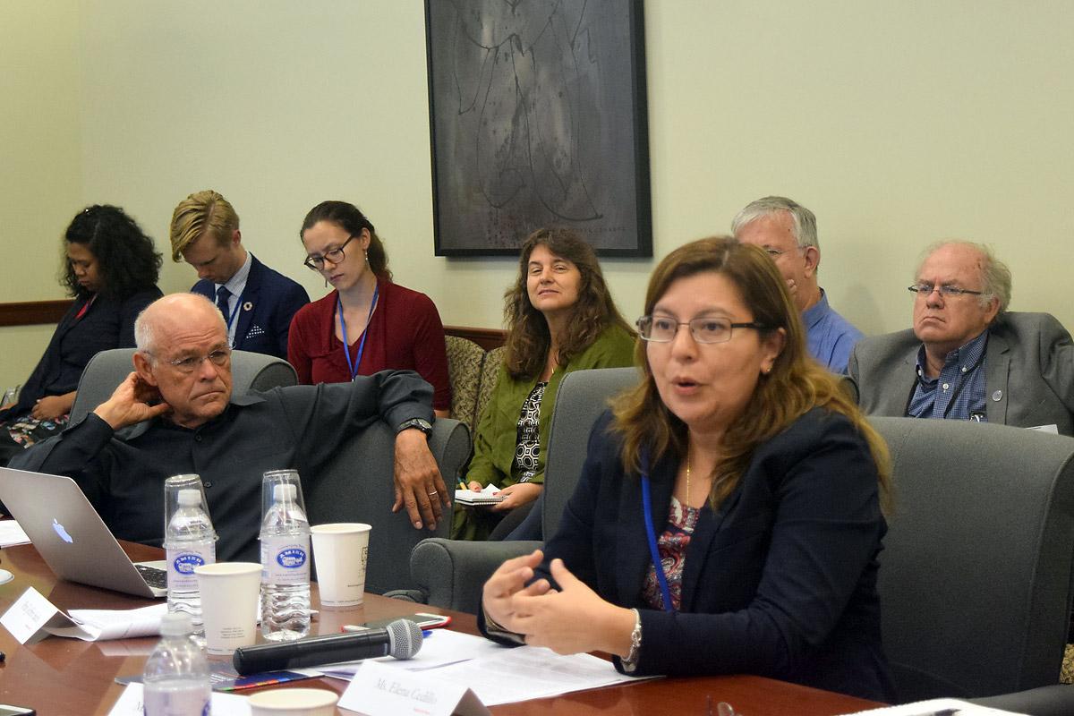 Caption: Ms Elena Cedillo, representative of the LWF Central America program, speaks at a side event of the UN High Level Political Forum 2017 in New York. On the left is Dr William F. Vendley, Secretary General, World Conference of Religions for Peace. Photo: Lutheran Office for World Community