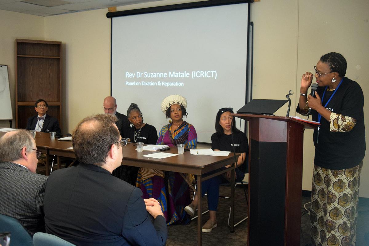 Rev. Suzanne Membe Matale addresses a panel on âTaxation and Reparation: Tools for promoting equity, climate justice & an economy of lifeâ at a side event during a 2019 UN High-Level Political Forum on the SDGs. Photo: ELCA/Rebecca Anderson