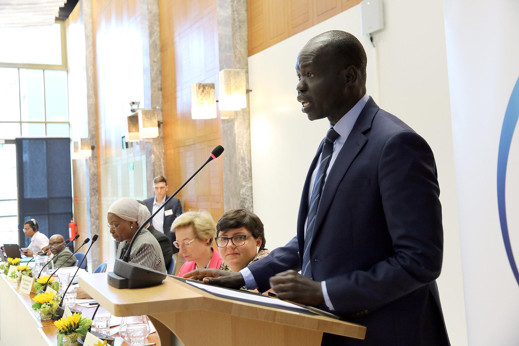 LWF Assistant General Secretary for International Affairs and Human Rights, Dr Ojot Miru Ojulu addresses the Geneva conference. Photo: WCC/Ivars Kupcis
