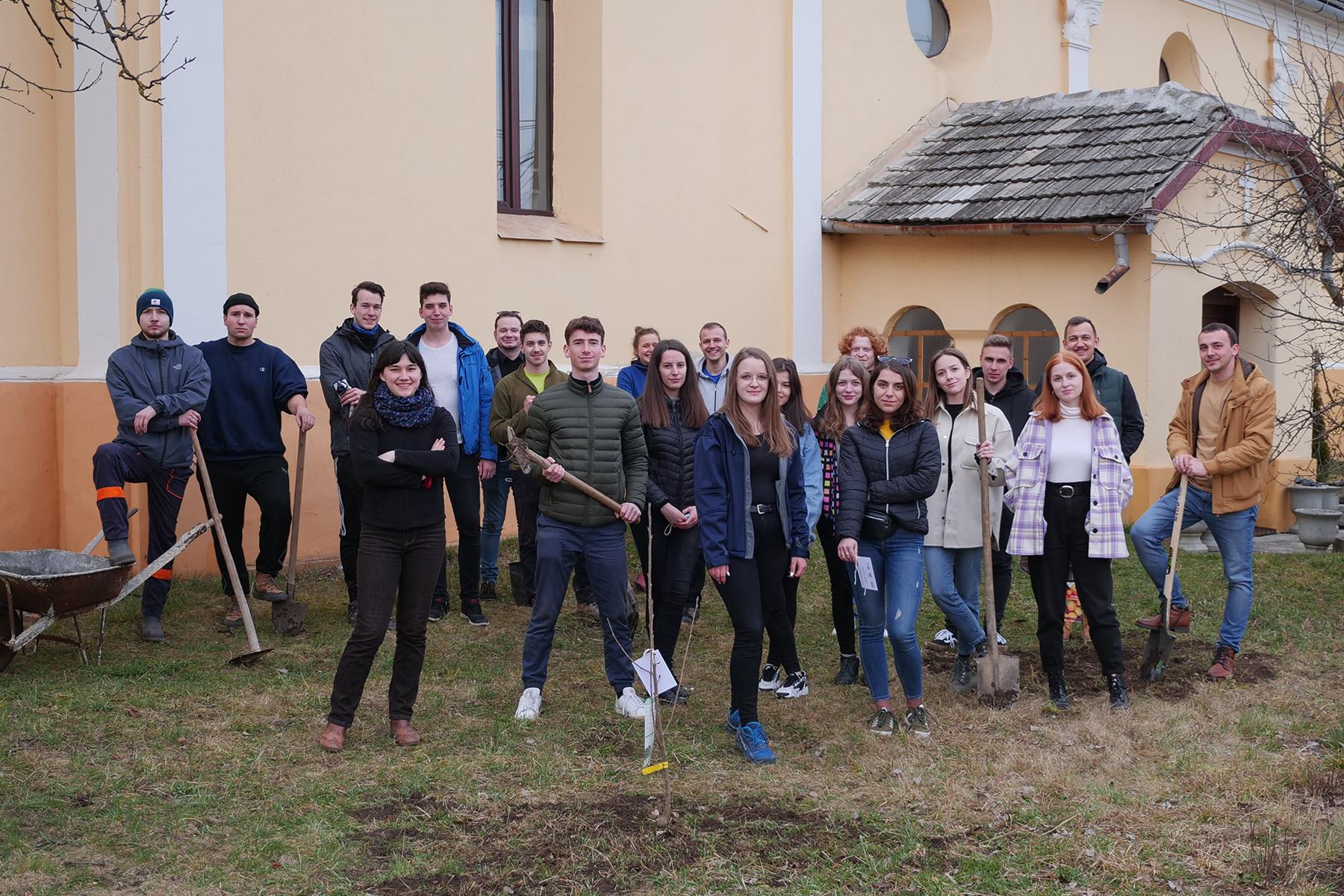 Junge Menschen von der Evangelisch-Lutherischen Kirche in Rumänien pflanzen Setzlinge im Kirchgarten der Alszeg-Kirche in Hosszúfalu. Foto: EVIKE