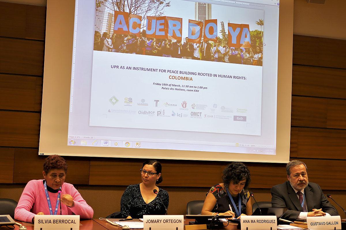 Members of the Colombian Commission of Jurists detail the situation in their country at a Human Rights Council side event on 16 March 2018. Photo: LWF/ Peter Kenny