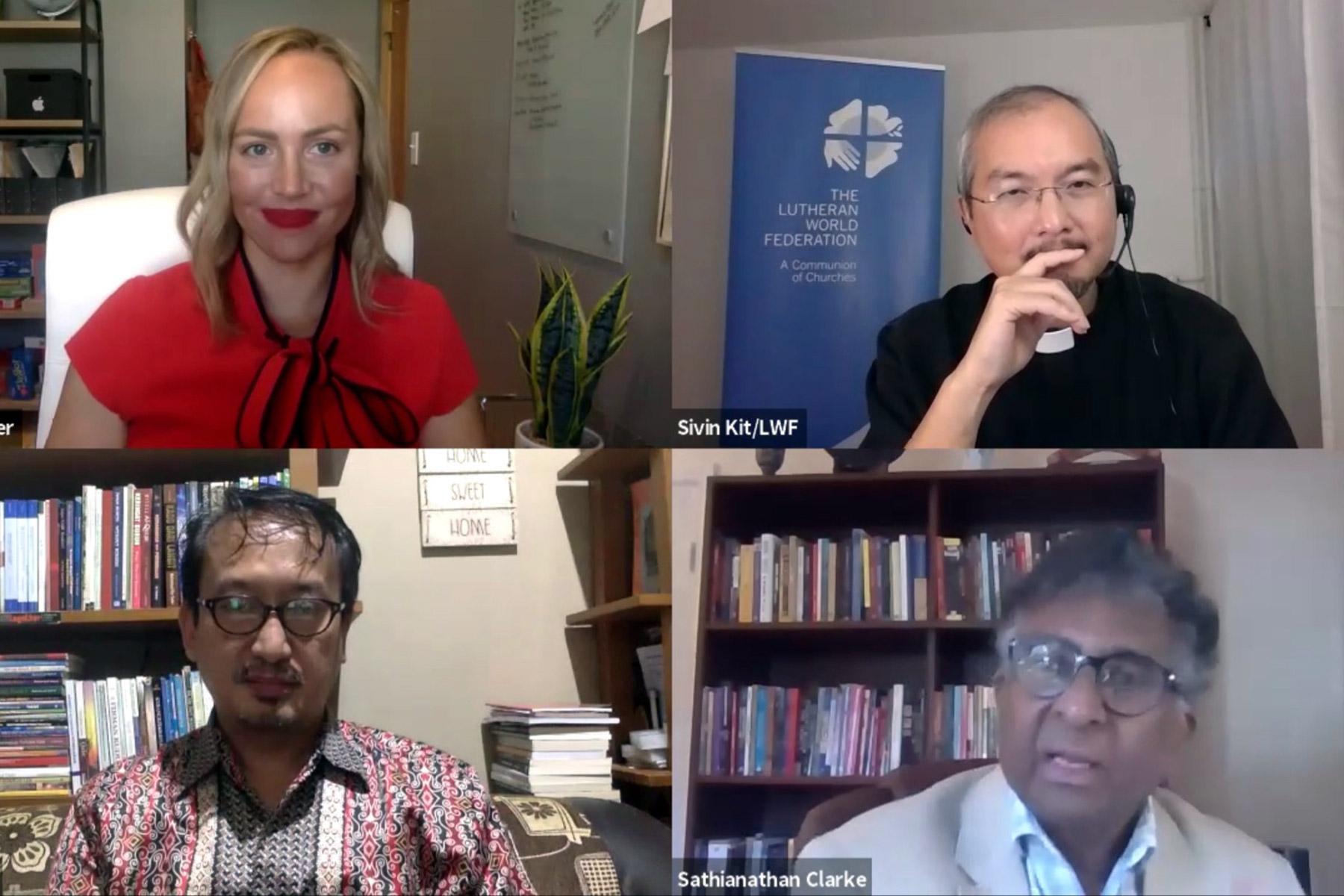 Panelists discussing global responses to religious nationalism: clockwise from top left, ELCA pastor Rev. Angela Denker, LWF moderator Rev. Dr Sivin Kit, Dr Sathianathan Clarke of Wesley Theological Seminary and Dr Dicky Sofjan of the ICRS. Photo: Screenshot from the webinar