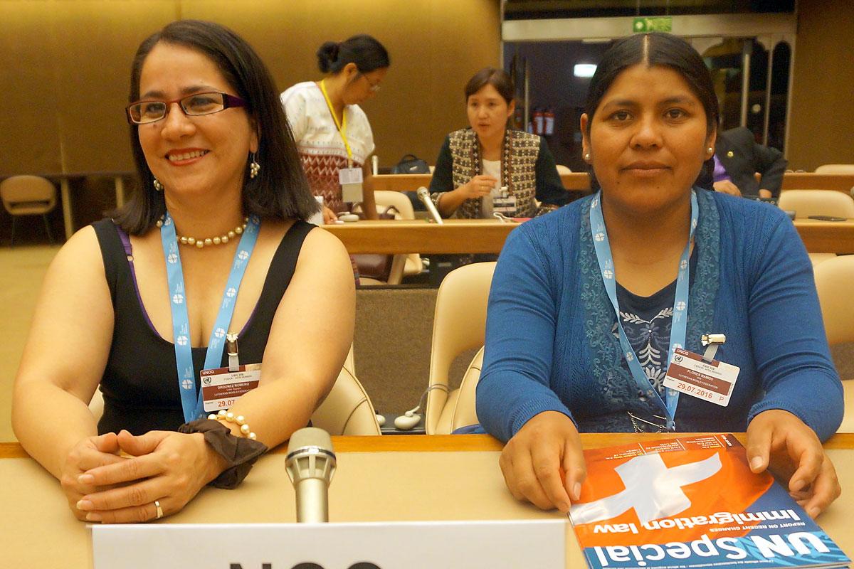 Rev. Suyapa OrdoÃ±ez (left) from the Christian Lutheran Church of Honduras and Rita Flores, Bolivian Evangelical Lutheran Church, participated in the July 2016 FBOsâ training on womenâs human rights, and attended the 64th CEDAW session at the United Nations in Geneva. Photo: LWF/C. RendÃ³n