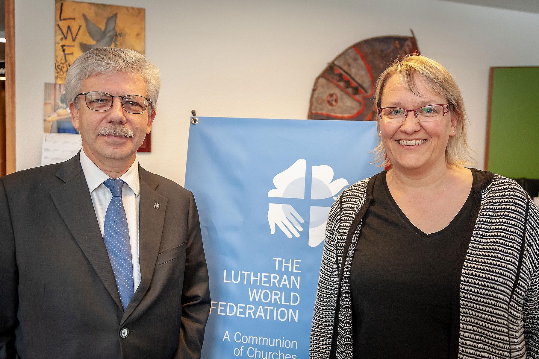 Caritas Secretary General Michel Roy and World Service Director Maria Immonen at LWFâs Geneva headquarters. Photo: S.Gallay/LWF