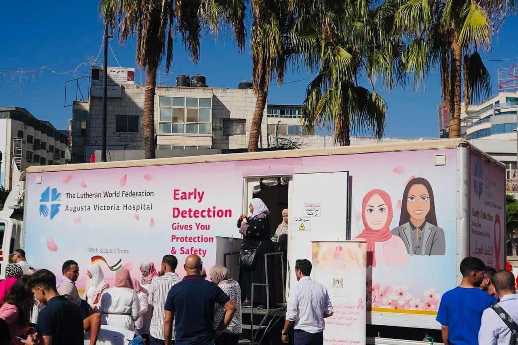 The mobile mammography screening unit, the “Pink Bus”, at Singel village in Ramallah on 3rd October 2022. The bus offers free screenings to women in Palestine and the West Bank. Photo: AVH
