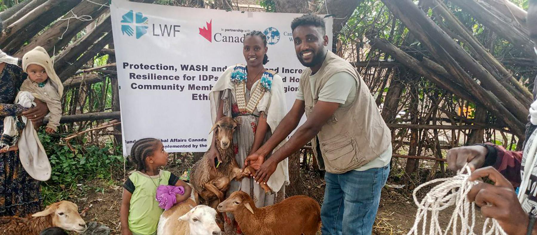 Farmers receive livestock at a distribution by LWF and partners in Maichew. Millions in the country are food insecure. Photo: LWF