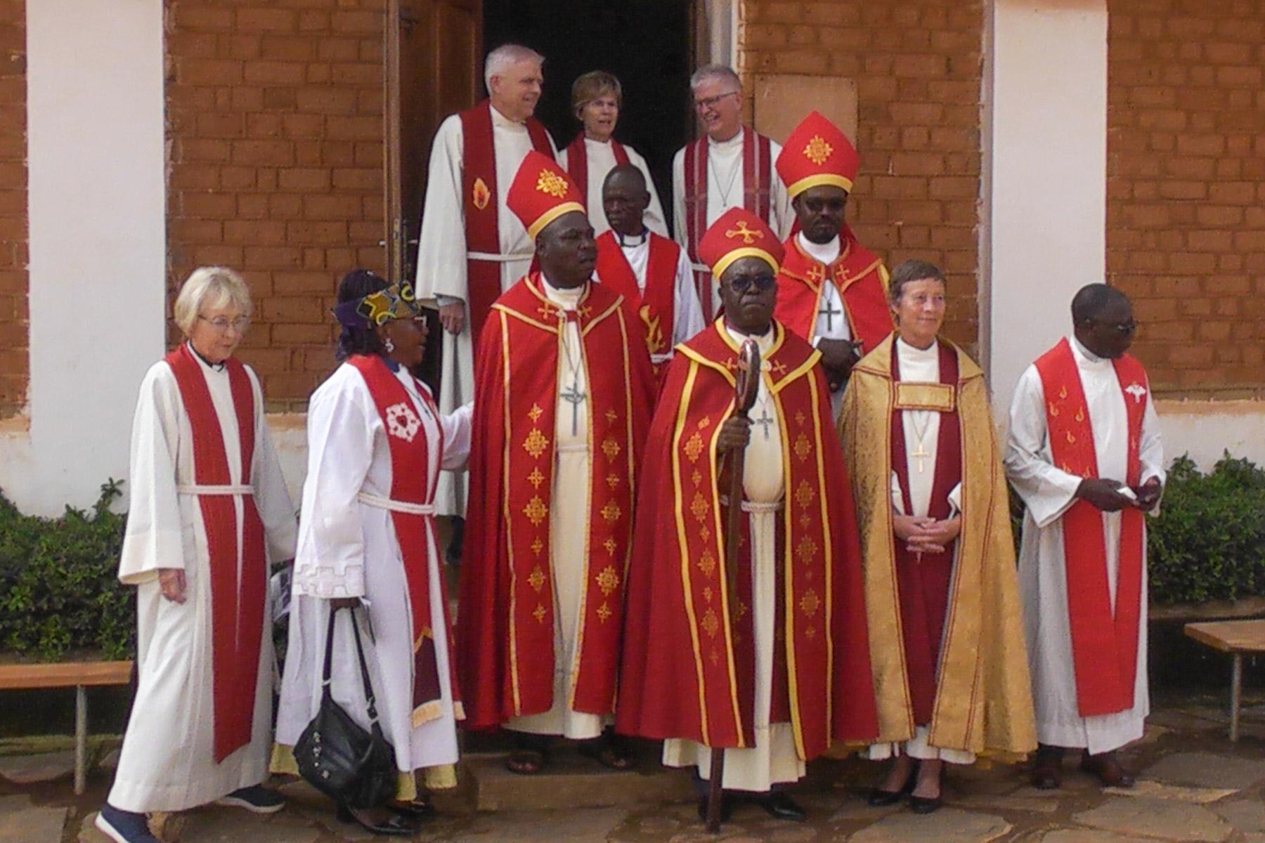 The National Bishop of the Evangelical Lutheran Church in Cameroon (EELC), Rev. Dr. Jean Baiguélé, together with local and international bishops and pastors after the worship service on the church’s centenary celebrations. Photo: EELC