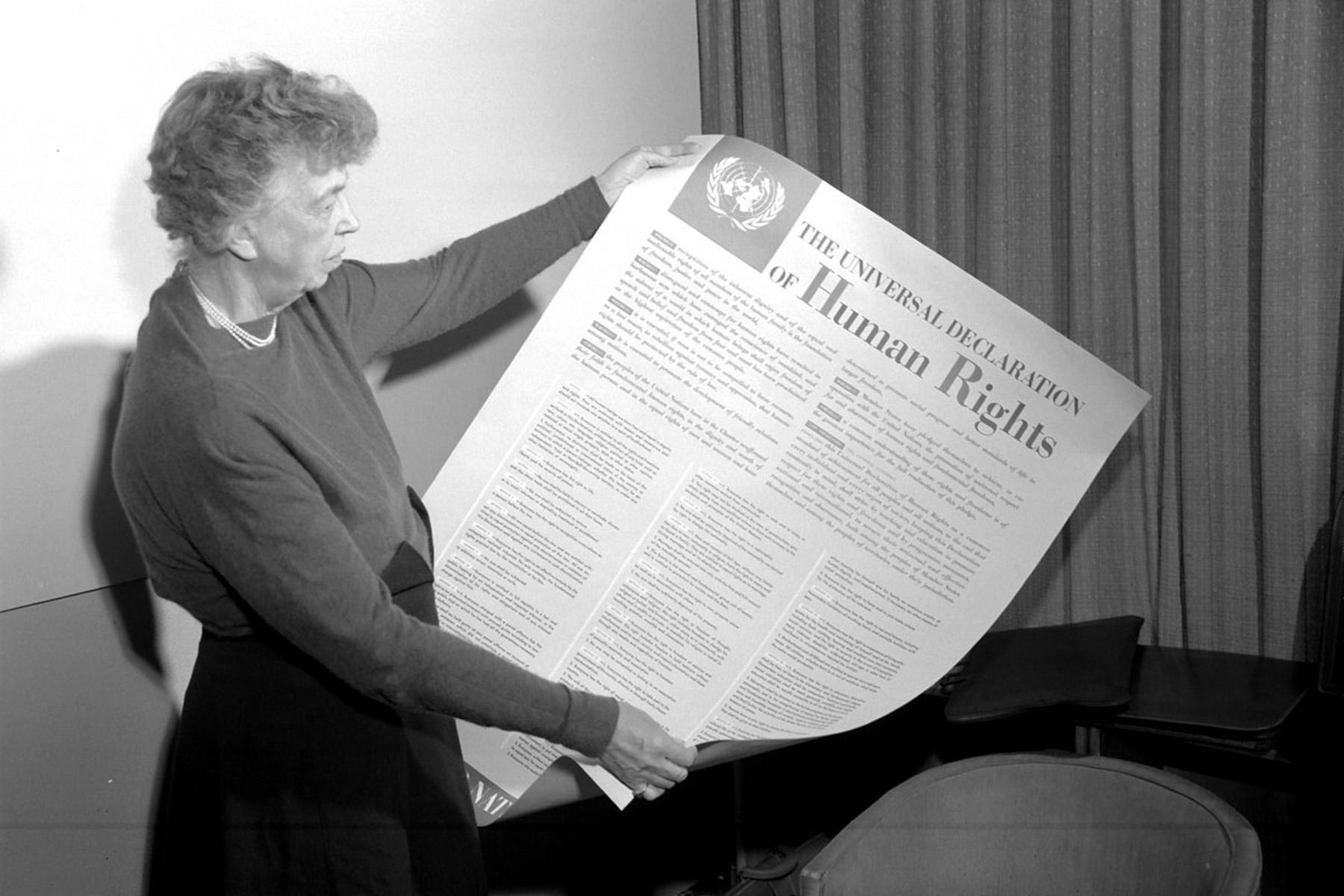 American diplomat, human rights activist and former First Lady Eleanor Roosevelt holding a copy of the Universal Declaration of Human Rights which was adopted by the UN General Assembly on 10 December 1948. Among those advising her as chair of the UN Commission on Human Rights was Lutheran pastor and professor Dr Frederick Nolde who drafted the section on freedom of religion. Photo: UN photo