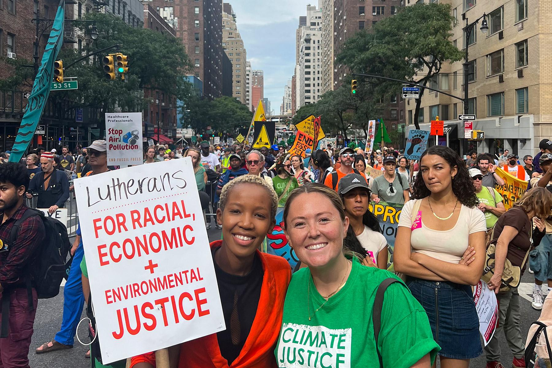 ELCA/LWF Fellow Naomi Mbise and ELCA Program Director for Environment and Energy Policy Christine Moffett attend a NYC Climate March in 2023. Photo: Lindsey Pajot