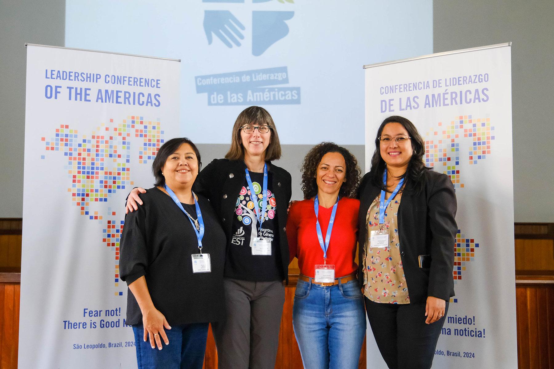 The coordinators of the women’s networks in the Americas are (from left) Georgina Arriagada Adriazola (Evangelical Lutheran Church in Chile - ILCH), Mary Streufert (Evangelical Lutheran Church in America - ELCA), Carmen Michel (Evangelical Church of the Lutheran Confession in Brazil - IECLB), and Adriana Alvaro (Salvadoran Lutheran Church - ILS). Photo: LWF/Gabriela Giese
