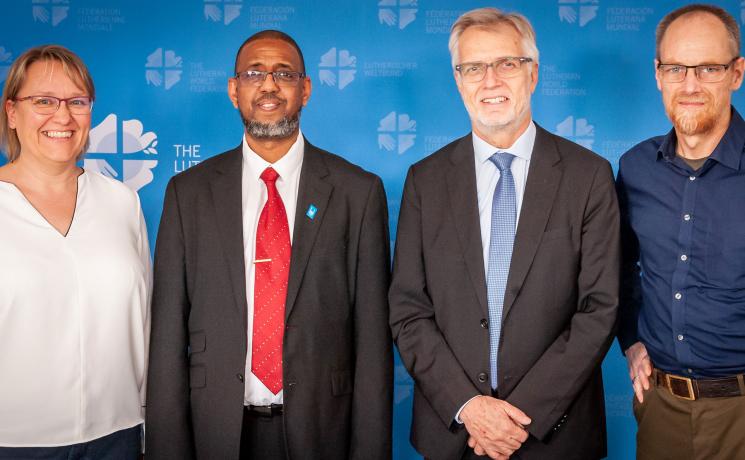 LWF and Islamic Relief Worldwide offered a joint pledge at the Global Refugee Forum in December 2019. From left: Ms Maria Immonen, Director of LWF World Service, Mr. Naser Haghamed, CEO of Islamic Relief Worldwide, Rev. Dr Martin Junge, General Secretary of the LWF, Mr Atallah Fitzgibbon, Faith Partnership Advisor for Islamic Relief Worldwide. Photo: LWF/S. Gallay