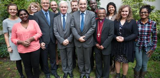 Leaders of Protestant churches in France, Rev. Laurent Schlumberger, Rev. FranÃ§ois Clavairoly and Rev. Dr Jean Ravalitera meet LWF General Secretary Rev. Dr Martin Junge (fourth from left) and the COP21 LWF delegtation, in Paris. Photo: LWF/Ryan Rodrick Beiler