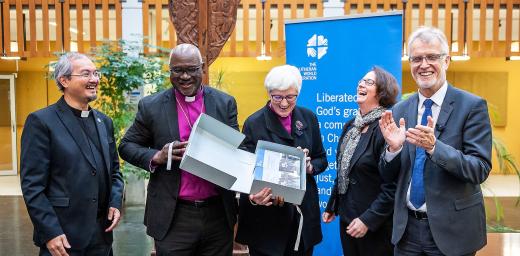 LWF President Archbishop Dr Panti Filibus Musa (second left) and Vice-President, Archbishop Dr Antje JackelÃ©n (middle) unveil the publication, Resisting Exclusion- Global Theological Responses to Populism, together with General Secretary Rev. Dr Martin Junge (far right), co-editor Rev. Dr Simone Sinn (second right) and Rev. Dr Sivin Kit (far left), LWF program executive for Public Theology and Interreligious Relations. Photo: LWF/S. Gallay  