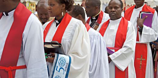 Pastors from the ELCT prepare for the procession preceding the worship service to mark the 50th anniversary of the church. Â© LWF/H. Martinussen