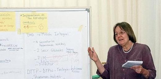 Rev. Wilma Rommel, United Evangelical Lutheran Church (Argentina), leads COL participants in exploring different aspects of Lutheran identity. Â© IECLB/Tobias Mathies