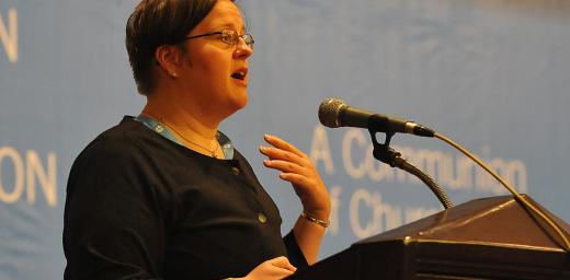 Dr Minna Hietamaki presents the First Report of the Working Group on the Self-Understanding of the Lutheran Communion to Council 2014. Photo: LWF/M. Renaux