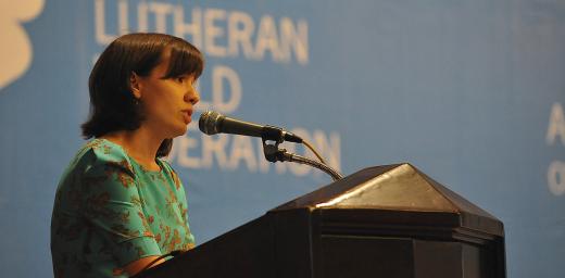 Anastasiya Piddubska of Odessa, Ukraine, reports on the situation in her country during Council 2014. LWF/M. Renaux