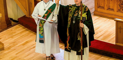 ELCIC National Bishop Susan Johnson (right), with Diaconal Minister Virginia Burke, at the convention closing worship service. Photo: ELCIC