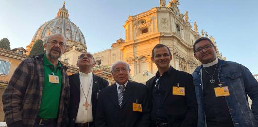 Rev. Nicolau Nascimento de Paiva (left of photo) together with other ecumenical delegates to the Vatican Synod in front of St Peterâs Basilica. Photo: Robert FLOCK