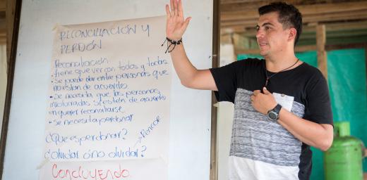 Edwin Mosquera leads a workshop on forgiveness and reconciliation as part of the âFrom War to Peaceâ project of the Evangelical Lutheran Church in Colombia which supports three communities in the northwest Antioquia region. Photo: LWF/A. Hillert