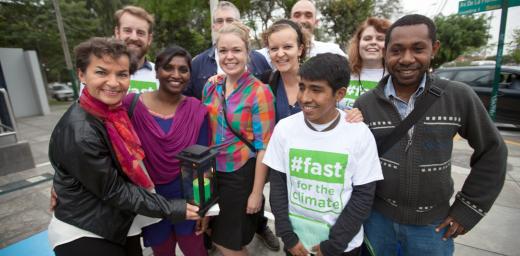 UN Climate Change General Secretariat, Christiana Figueres poses with LWFâs Fast for the Climate Youth Delegation. Photo: LWF/Sean Hawkey