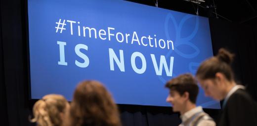 Young people attending COP25 in Madrid, Spain, in 2019. The slogan â#TimeForAction is nowâ has not lost its urgency. Photo: LWF/Albin Hillert