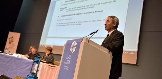 The LWF Council endorsed the report of the Mennonite task force at its June meeting. It was part of recommendations from the Committee for Theology and Ecumenical Relations, presented by its chairperson, Presiding Bishop Dr MiloÅ¡ KlÃ¡tik, Evangelical Church of the Augsburg Confession in the Slovak Republic. Photo: LWF/M. Renaux