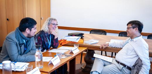During the meeting in Geneva, Mr Diego Calquin Campos (Chile), Dr Ulla Morre Bidstrup (Denmark) and Rev. Dr Songram Basumatary (India), in a small-group discussion.  Photo: LWF/S. Gallay 