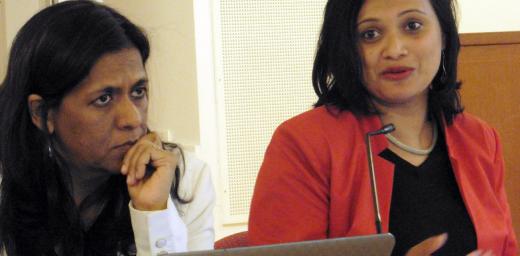 Dr Fatima Seedat (left) and Prof. Sarojini Nadar at the conference which explained how patriarchy and its implications for violence against women has become part of teaching scriptural hermeneutics together in a Christian-Muslim classroom at the University of KwaZulu-Natal, South Africa. Photo: LWF/S. Sinn