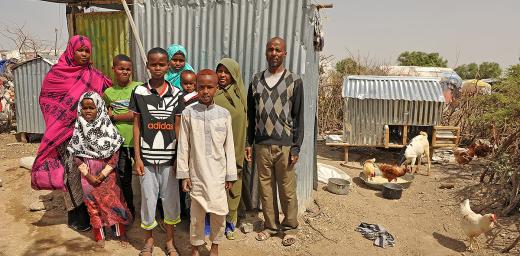 Yusuf Mohamed Ali, 42, and his family. He came as a refugee from Bey Dedawa, Somalia in 2007. Four of his nine children have been born in the camp. LWF supported him with chicken so he could start poultry production. Photo: LWF/ C. KÃ¤stner
