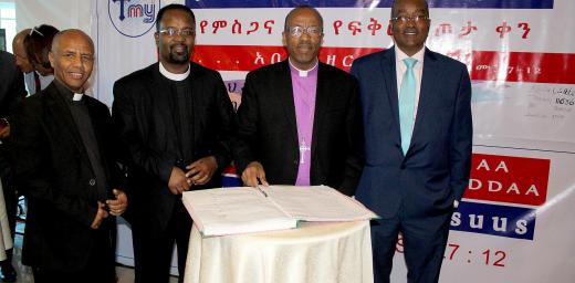 The Ethiopian Evangelical Church Mekane Yesus leaders during the inauguration of MY TV in Addis Ababa; from left, Rev. Dr Kiros Lakew (Vice-President), Rev. Teshome Amenu (General Secretary), Rev. Yonas Yigezu (President) and Mr Girma Borishe (Commissioner, Development and Social Services Commission). Photo: EECMY/Ruth Osmundsen 