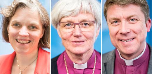 The vice-presidents of the European regions: PrÃ¶pstin Astrid Kleist for Central and Western Europe, Archbishop Antje JackelÃ©n for the Nordic Countries and Archbishop Urmas Viilma for Central and Eastern Europe. Photo: LWF/Albin Hillert