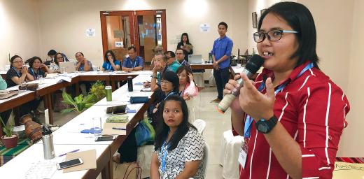 A workshop, hosted by the Lutheran Church in the Philippines, to enhance capacities for diakonia in the South-East Asian region. Jenet Mogimbong, diaconal worker from Malaysia, talks about her churchâs kindergarten project. Photo: LWF/M. DÃ¶lker