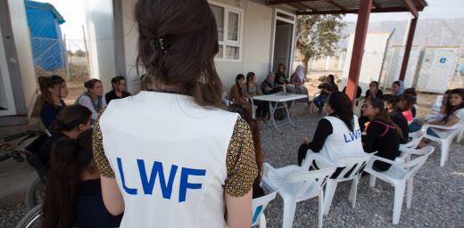 A Women's Awareness session taking place at the Women Friendly Space (WFS) in Daudiya camp for Internally Displaced Persons (IDPs), Amedy District, Duhok Governorate, Kurdistan, Iraq. Photos: LWF/ Elma OKic