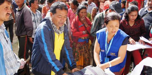 LWF Nepal staff distribute blankets and other items for emergency shelter in Nepal after the earthquake in 2015. Although many of them were affected themselves, all colleagues reported for duty and went out to support those who had lost even more. Photo: LWF/ C. KÃ¤stner 