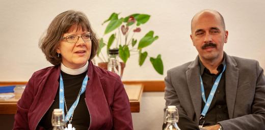 From left to right: Katherine Finegan (USA) and PÃ©ter Kondor (Hungary) during the RoNEL meeting in the Ecumenical Center, Geneva, 19-23 November 2018. Photo: LWF/A. Danielsson