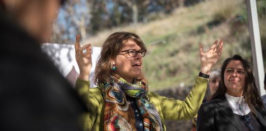 Arianne van Andel from the Interreligious Aliance for the Climate, Chile leads a word of prayer, as people of faith gather in a 'Prayer for the Rainforest' as part of the Cumbre Social por el Clima, on the fringes of COP25 in Madrid. Photo: LWF/Albin Hillert
