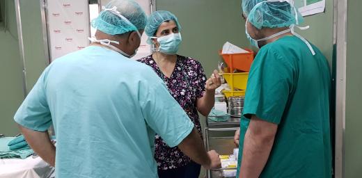 Dina Nasser, (2nd from left) health advisor at LWF AVH, works with doctors during a recent trip to Gaza. Photo: LWF/ Shaban Mortaja