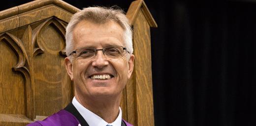  LWF General Secretary Rev. Dr Martin Junge smiles during the afternoon convocation ceremony at Wilfrid Laurier University in Waterloo, Ontario, Canada, during which he received an Honorary Doctor of Divinity degree. Photo: Waterloo Lutheran Seminary