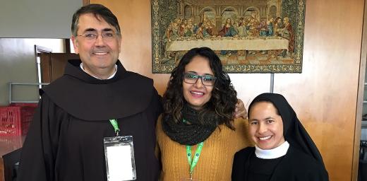 Rev. Karla Steilmann, centre, with Dr. Vidal Rodriguez (Spain) and Nun Aura Guadalupe Ortega (Guatemala), who were both representing the Theological Education Institution. Photo: LWF