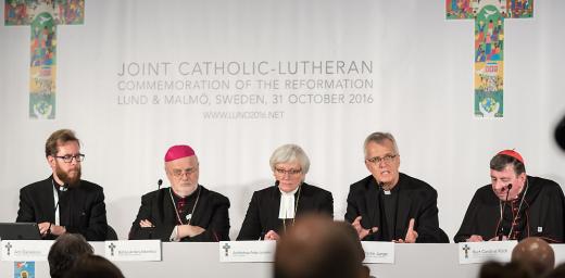 Press conference following Common Prayer and Together in Hope event. Rev. Dr Martin Junge and Kurt Cardinal Koch sit at the right of the panel. Photo: LWF/Albin Hillert