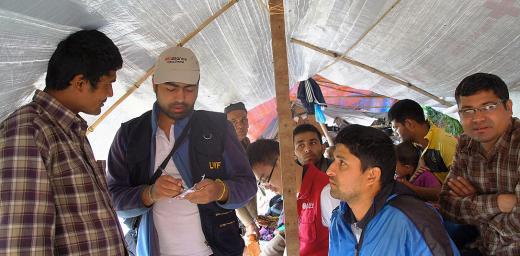 LWF assessment team talking to people affected by the earthquake in Gorkha district. Photo: LWF/C. KÃ¤stner