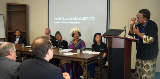 Rev. Suzanne Membe Matale addresses a panel on âTaxation and Reparation: Tools for promoting equity, climate justice & an economy of lifeâ at a side event during a 2019 UN High-Level Political Forum on the SDGs. Photo: ELCA/Rebecca Anderson