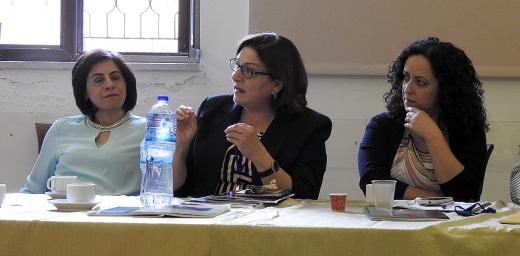 Workshop co-organizer Suad Younan, middle, encouraged the Holy Land church to use its prophetic voice and tools to challenge ecclesiastical and socio-political fixtures, during the launch of the gender justice policy in Arabic. Photo: LWF/E. Neuenfeldt