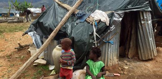 Like the family of Polonne Jean-Louis, many people still live in makeshift shelters after hurricane Matthew destroyed their homes. Photo: LWF/M. French