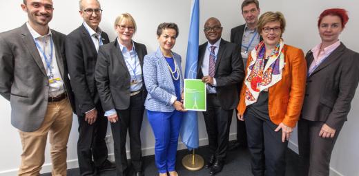  Joint faith and spiritual leaders present statement to Christiana Figueres, Executive Secretary of the UN Framework Convention on Climate Change. Photo:  Sean Hawkey
