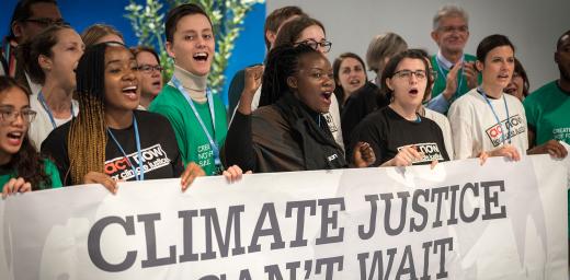 Young climate activists gathered in December 2019 at the COP25 summit in Madrid, Spain sound the alarm for climate justice. Photo: LWF/Albin Hillert