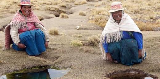 Thanks to an LWF-supported project to bring piped and clean drinking water to the Andean highlands, Filomena Huanaco Casilla (left) and Rosenda Challco Barrera will no longer have to depend on natural but unsafe water sources in their remote village. Photo: LWF/I. Dorji